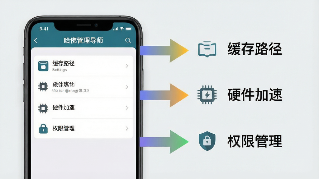 һ��AI���ɵ���Ϣͼ�������������ֻ���Ļ��ʾ�����������ʦ��App�����ý��棬��Ļ�Ա��м�ͷָ�򼸸��ؼ��������硰����·������Ӳ�����١���Ȩ�޹����������ֲ������Ҷ����Ű棬���Ϊ��ƽ���̷̳磬ϸ���ϼ�ͷ�н�����ɫ��������ͼ���ࡢ����Ϊǳ��ɫ�����ʸɾ������޶���Ԫ��