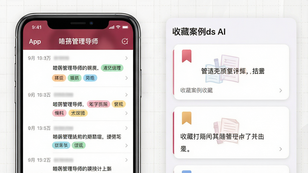 һ��AI���ɵ�ͼƬ������չʾ�����������ʦ��App�ıʼ����ղع��ܽ��棬�ֻ���Ļ�����ʾ��ʱ����ıʼ��б����Ҳ���ʾ�ղصİ�����Ƭ������Ϊ���ҷ���ʽ�Ű棬���Ϊ����ѧϰ�磬ϸ���ϱʼ��в�ɫ��ǩ���ղؿ�Ƭ����ǩͼ�ꡢ�����е������������������ʸ���ɾ��޶���Ԫ��