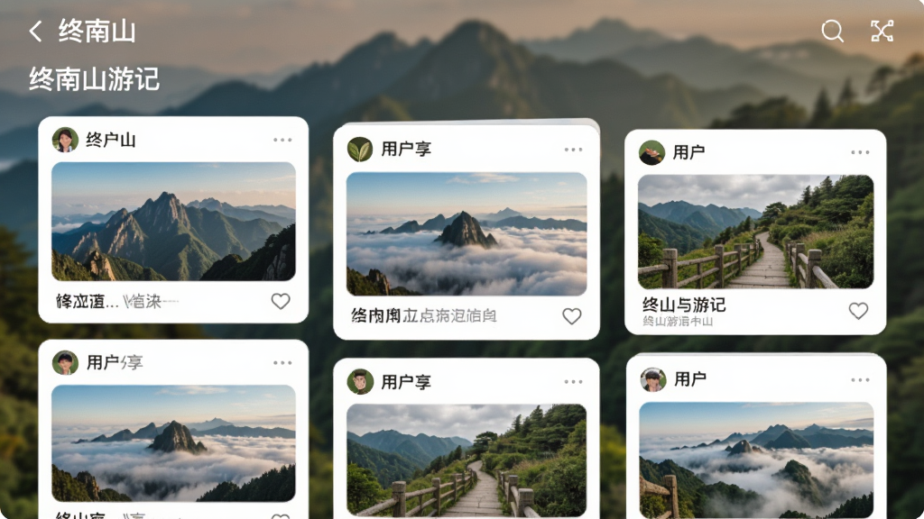 ���������ǡ�����ɽ��App�����������ͼ����Ļ����ʾ��ƪ�û�����������ɽ�μ�ͼ�Ŀ�Ƭ������ɽ�塢�ƺ�������������ͼ����������ů��Ȼ��������ģ����ɽ�־�ɫ�����ִ������£������������޶���Ԫ�ء�