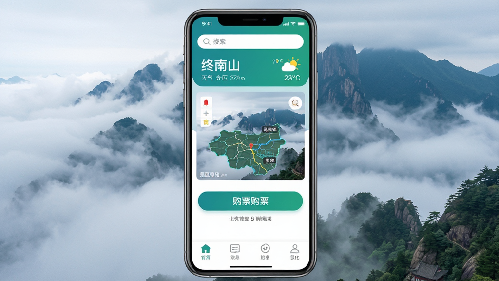 ����������һ�������ֻ�Ӧ�ý���չʾͼ����Ļ����ʾ������ɽ��App����ҳ������������ɽ�������Ƶ�ɽ��ʵ����Ƭ�������������ɫ���ɫ�������ˬ��񣬶�������������������ʾ���в��Ǿ���������ͼ�͹�Ʊ��ť���ײ����ĸ�����ѡ������岼�ּ�����죬���ʸɾ��������޶���Ԫ�ء�