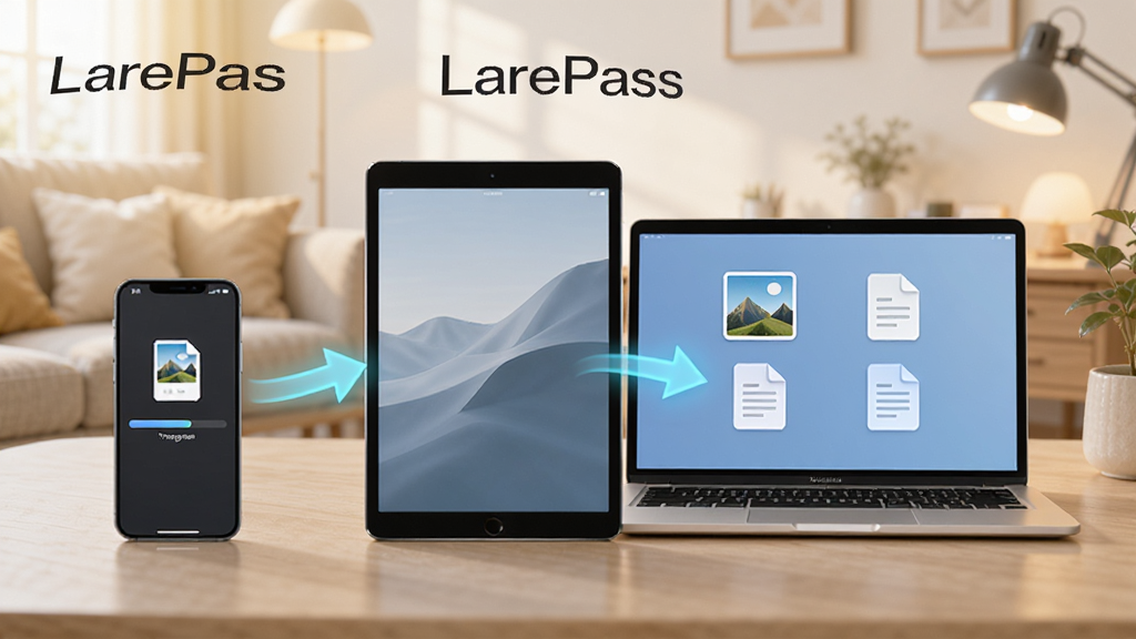 LarePass���豸�ļ�����������������һ���ֻ���һ̨ƽ���һ̨�ʼǱ����Գ����������У��豸֮���÷���ļ�ͷ���ӣ��ֻ���Ļ����ʾ�ļ����ڴ���Ľ�������������Ļ����ʾ���յ���ͼƬ���ĵ�ͼ�꣬��������ܰ�ļҾӻ�칫�һ�������������죬���ֱ�עLarePass�����ʸɾ��޶���Ԫ��