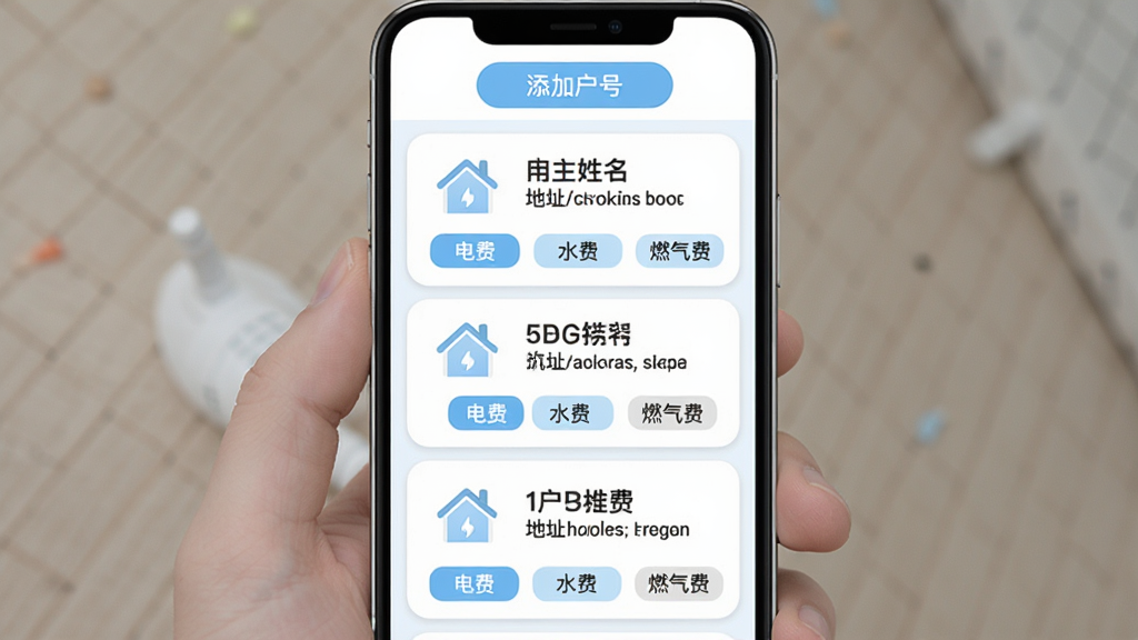 ˮ��ú����ѯApp�໧�Ź������棬�ֻ���Ļչʾ�������ſ�Ƭ�������У�ÿ����Ƭ����з���ͼ�꣬�Ҳ���ʾ���������͵�ַ��ƣ���Ƭ�·��е�ѡ�ˮ�ѡ�ȼ��������С��ǩ�����������ӻ��Ű�ť�������԰�ɫ��ǳ��ɫΪ����Բ�ǿ�Ƭ��ƣ������������޹��Ԫ�أ����ʸɾ�