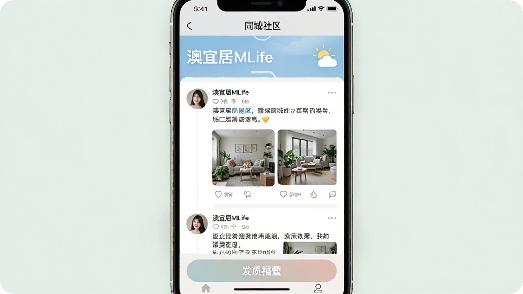 һ��չʾ�����˾�MLife��Ӧ���ڡ�ͬ��������ҳ���ͼƬ�����涥����ʾ�������ƺ�����ͼ�꣬�·��������б��������û�ͷ���������ݺ�ͼƬ����ͼ���ײ��з�����ť����������������罻Ӧ�ã�ɫ����ͣ�����������