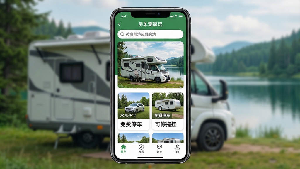 һ��չʾ����������APP���Ľ�����ֻ�����ͼ�������������ֻ���Ļ����Ļ����ʾ�ŷ���������APP����ҳ����ҳ�Ϸ���������д�š�����Ӫ�ػ�Ŀ�ĵء����м���һ�ž����ķ���ͣ�ں��ߵķ羰ͼ��Ϊbanner���·��ǿ�Ƭʽ���ֵ�Ӫ���б���ÿ����Ƭ�ϱ�ע�š�ˮ����ȫ���������ͣ����������ͣ�Ϲҡ��ȱ�ǩ������ײ��С���ҳ���������֡�������Ϣ�������ҵġ��ĸ�����ͼ�꣬������������Ȼ������ɫ�Ͱ�ɫΪ��ɫ�������������ɾ����޶���Ԫ��