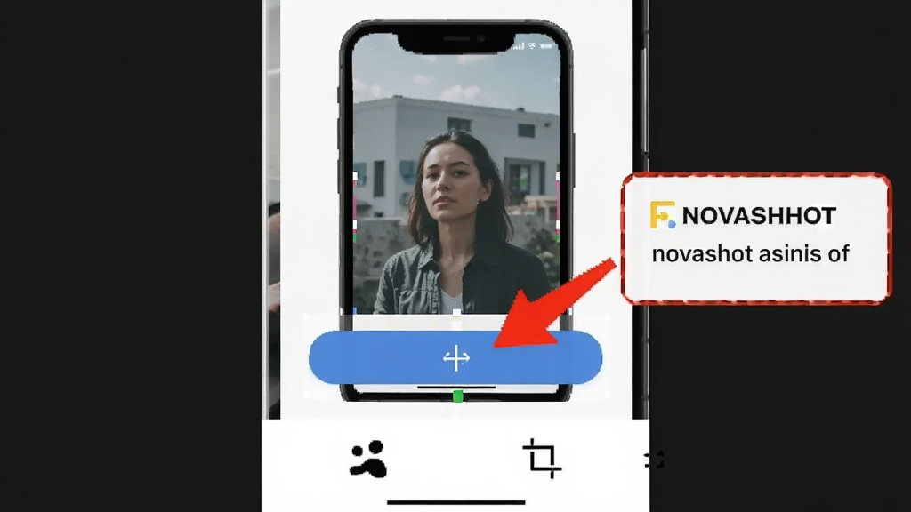 novashot应用内截图编辑界面,展示一张手机截图正在被编辑,画面中有红色箭头指向某个按钮,旁边有文字标注框,底部工具栏显示马赛克和裁剪图标,整体布局紧凑,风格扁平化,画质清晰干净