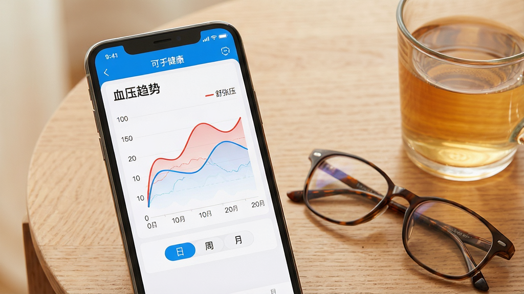 可孚健康APP的健康趋势图表分析界面展示图。画面中一部手机竖屏显示,屏幕上是可孚健康APP的“血压趋势”页面,页面中央是一个折线图,横轴是日期,纵轴是血压值,图中有红色和蓝色两条平滑的折线分别代表收缩压和舒张压,图表下方有“日”、“周”、“月”三个切换按钮。手机旁边放着一副老花镜和一杯温水,背景是木质桌面。整体风格温馨、专业,画质干净,无多余元素。
