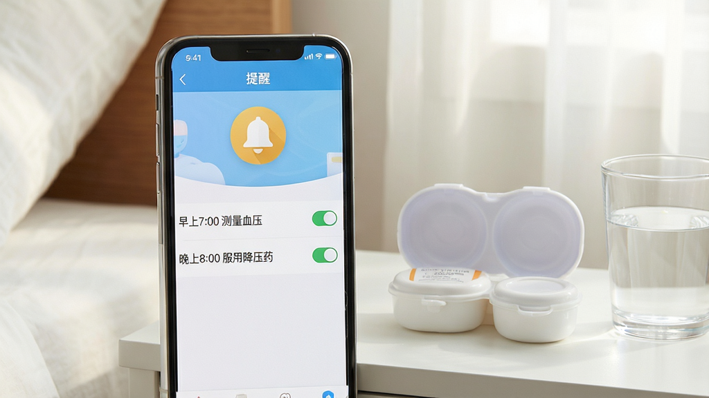 可孚健康APP的用药与测量提醒功能展示图。画面中一部手机竖屏显示,屏幕上是可孚健康APP的“提醒”设置页面,页面中有一个醒目的铃铛图标,下方列表显示着两条提醒事项:“早上7:00 测量血压”和“晚上8:00 服用降压药”,每条提醒右侧有一个开启状态的开关按钮。手机旁边放着一个药盒和一杯水,背景是清晨的卧室床头柜。整体风格清新、整洁,画质干净,无多余元素。
