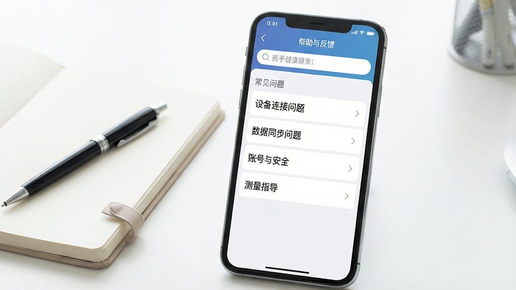 一张展示可孚健康APP帮助与反馈页面的图片。画面中一部手机竖屏显示,屏幕上是可孚健康APP的“帮助与反馈”页面,页面顶部有搜索框,下方列表展示着常见问题分类:“设备连接问题”、“数据同步问题”、“账号与安全”、“测量指导”等,每个分类右侧有箭头。手机旁边放着一本笔记本和一支笔。背景是干净的书桌,光线明亮。整体风格简洁、实用,画质干净,无多余元素。