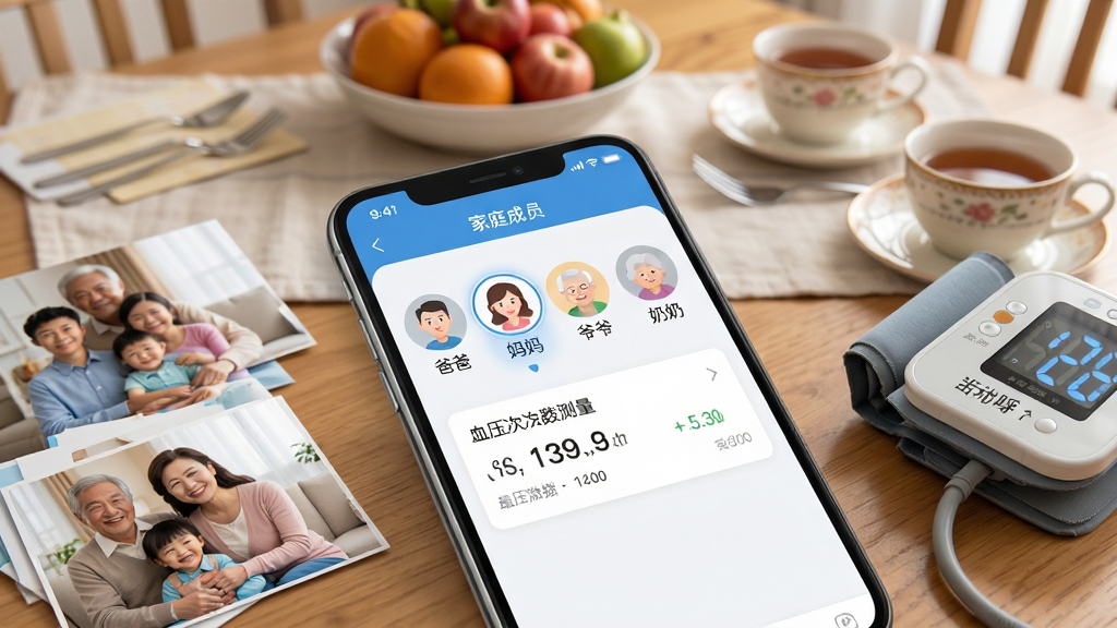 可孚健康APP的家庭多成员管理界面展示图。画面中一部手机平放在桌面上,屏幕显示着可孚健康APP的“家庭成员”页面,页面顶部有四个圆形头像,分别标注着“爸爸”、“妈妈”、“爷爷”、“奶奶”,其中一个头像被选中高亮显示。头像下方显示着该成员最近一次的血压测量数据卡片。手机周围散落着几张家庭成员的生活照和一台可孚血压计。背景是温馨的家庭餐桌,有水果盘和茶杯。整体风格亲切、生活化,画质干净,无多余元素。