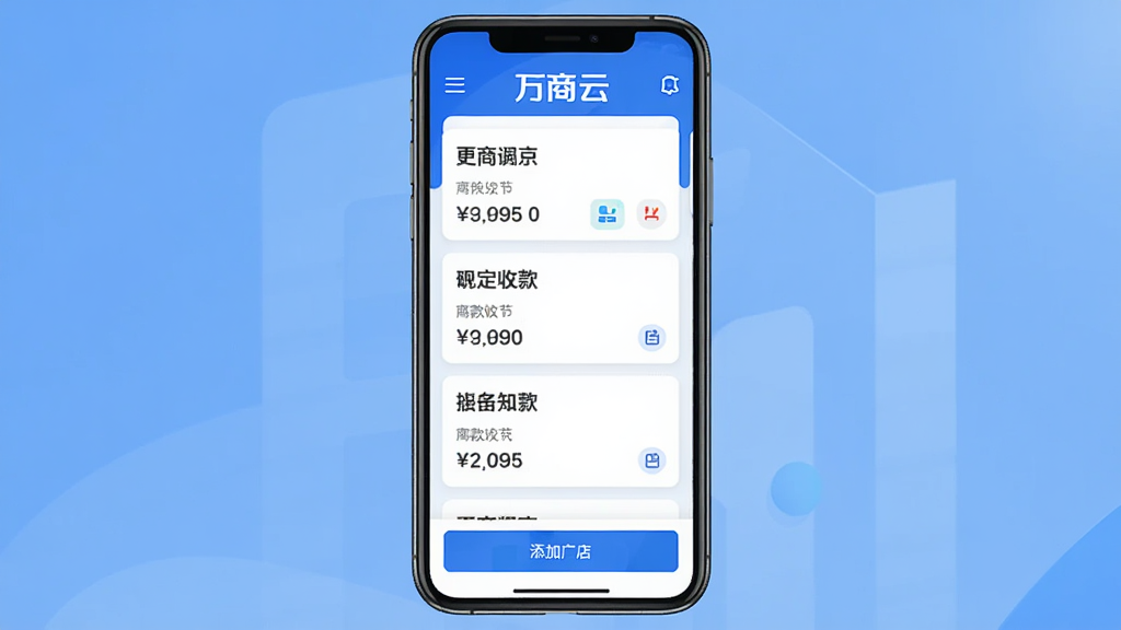 �����ƶ��ŵ��������չʾͼ��������һ���ֻ���Ļ��ʾ����ŵ꿨Ƭʽ�б���ÿ����Ƭ�����ŵ����ƺ͵����տ�������С������ơ����ֱ�ʶ���ײ��������ŵ갴ť�����岼��������������ɫ������ִ���Լ�����ʸɾ��޶���Ԫ��