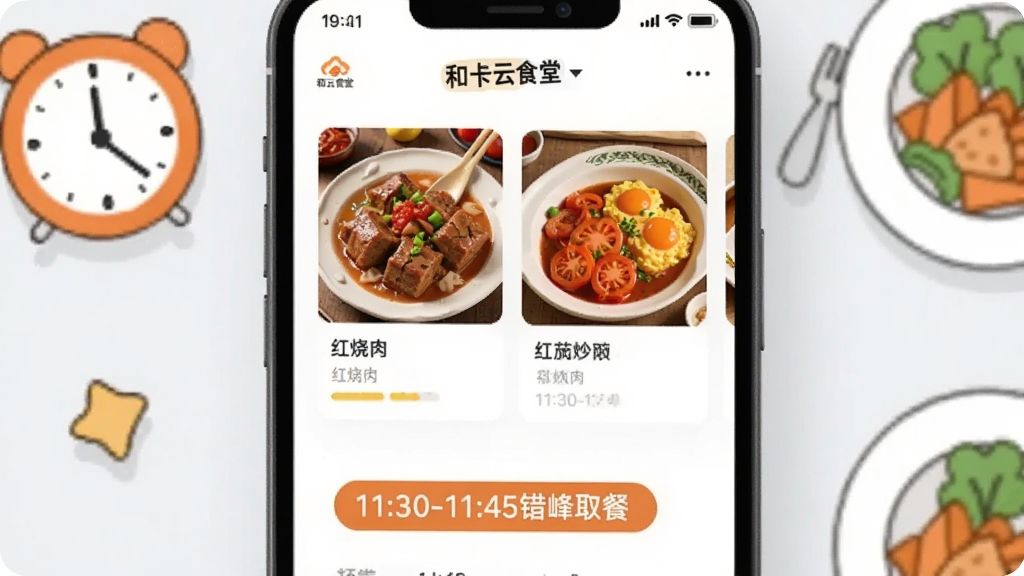 手机屏幕特写,画面中“和卡云食堂”APP的预订界面,显示红烧肉、番茄炒蛋等菜品卡片,下方有“11:30-11:45错峰取餐”的提示标签,手机周围有卡通风格的时钟和餐盘装饰,主体突出,排版简洁,风格现代扁平,画质高清
