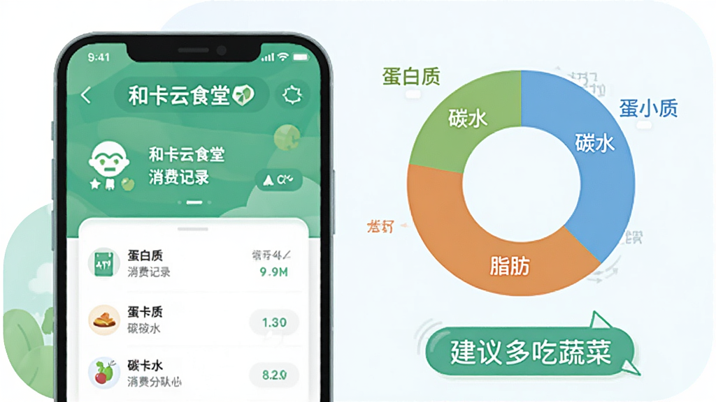 一张信息图表风格的插画,画面左侧是“和卡云食堂”APP的消费记录界面截图样式,右侧是一个圆环营养分析图,标注“蛋白质”“碳水”“脂肪”比例,底部有“建议多吃蔬菜”的文字气泡,整体配色清爽,以绿色和蓝色为主,画质干净