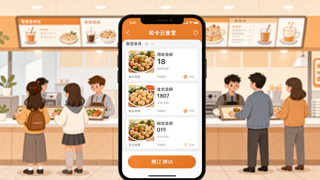 一张温馨的智慧食堂场景插画,画面中央是手机屏幕显示“和卡云食堂”APP界面,界面内有菜品列表、余额显示和预订按钮,背景是明亮整洁的食堂窗口,有学生和上班族在取餐,整体风格清新扁平化,色彩以暖橙色和白色为主,画质干净无多余元素