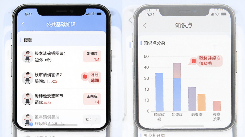公共基础知识鸣题库错题本界面展示,手机屏幕上有错题列表和知识点分类统计图表,红色标注薄弱环节,整体布局清晰,配色柔和,画质干净,无多余元素