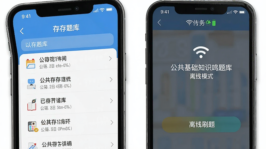 公共基础知识鸣题库离线模式界面,手机屏幕显示已缓存题库列表和离线刷题按钮,有网络状态提示图标,界面简洁直观,配色清爽,画质清晰,无多余元素