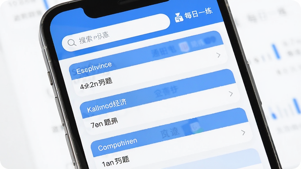 公共基础知识鸣题库手机屏幕显示政治法律经济等多科目分类题库列表,每个科目下方标注题目数量,界面干净清爽,蓝白配色,顶部有搜索框和每日一练入口,风格简洁现代,画质清晰,无多余元素