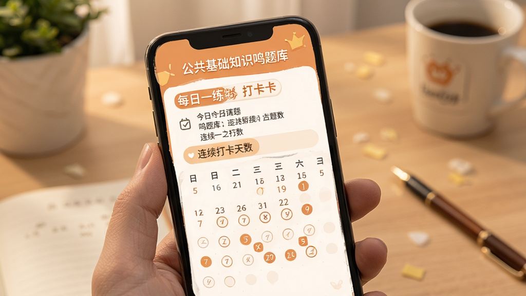 公共基础知识鸣题库每日一练打卡界面,手机屏幕显示今日练习题和连续打卡天数,有日历打卡记录,界面温馨励志,配色温暖,画质干净,无多余元素