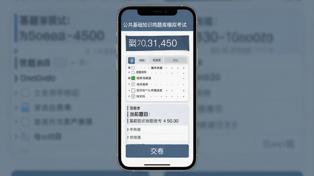 公共基础知识鸣题库模拟考试界面,手机屏幕显示考试倒计时、答题卡和当前题目,底部有交卷按钮,界面风格正式但不压抑,蓝灰色调,画质清晰,无多余元素