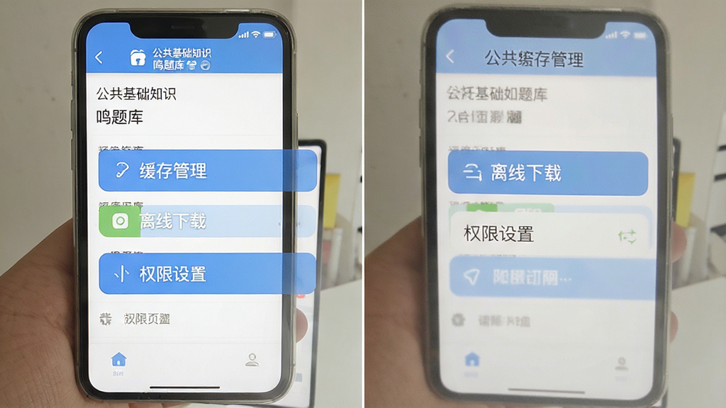 公共基础知识鸣题库设置页面截图,手机屏幕显示题库缓存管理、离线下载和权限设置选项,界面简洁,功能入口清晰,配色舒适,画质干净,无多余元素