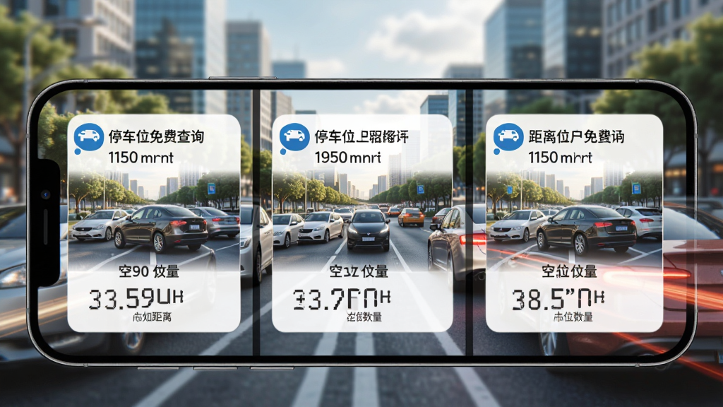 停车位免费查询 功能展示图 手机屏幕显示附近三个停车场 分别标注距离和空位数量 背景是城市道路 风格写实 画面明亮 文字清晰 无杂乱元素