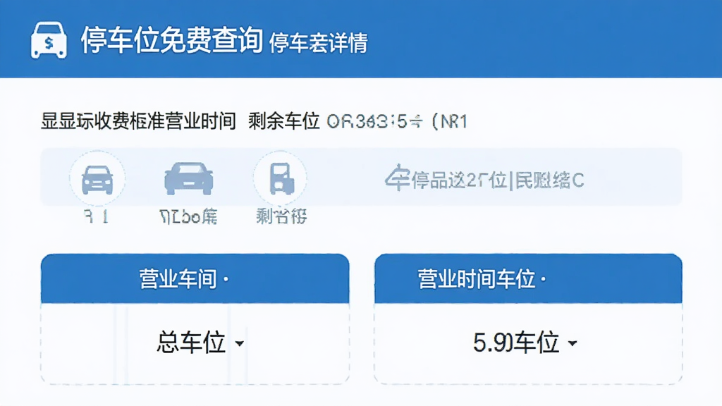 停车位免费查询 停车场详情页面 显示收费标准 营业时间 总车位和剩余车位 界面清晰 信息层级分明 蓝色主色调 字体易读 风格简洁