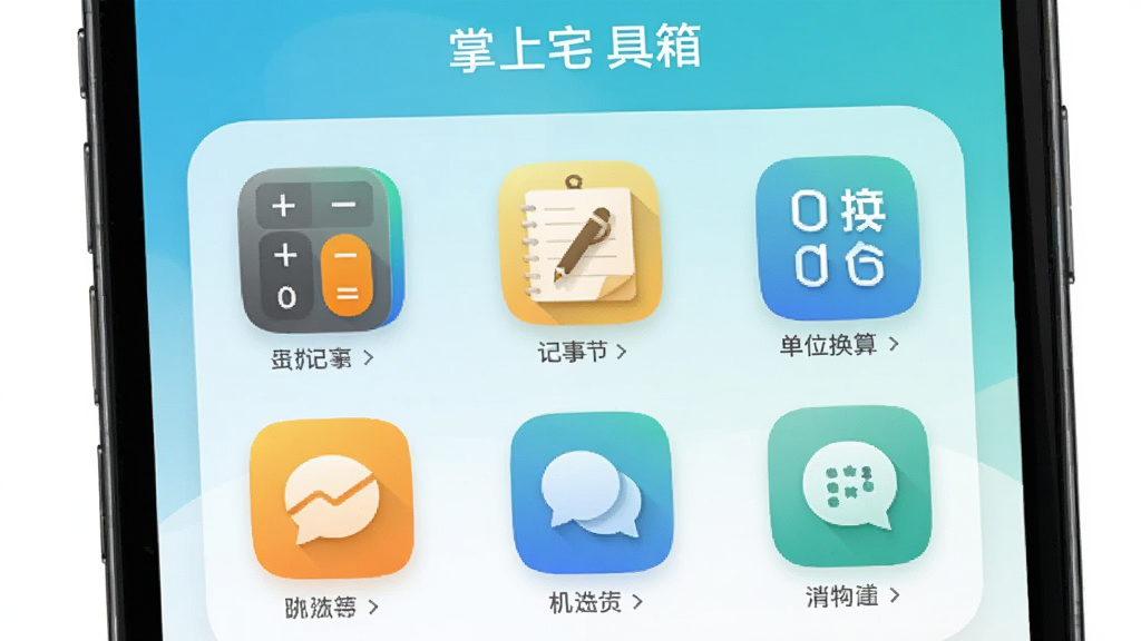 手机屏幕显示“掌上宅”工具箱界面,画面主体是六宫格工具图标,包括计算器、记事本、单位换算等,布局居中,排版整洁,风格简约清新,细节上每个图标都有微妙的渐变质感,画质通透干净无多余元素