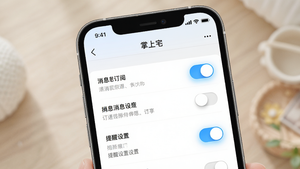 手机界面展示“掌上宅”的消息订阅页面,画面主体是一个订阅列表和提醒设置开关,布局采用上下结构,排版清晰,风格柔和,细节上开关按钮带有微光效果,画质干净利落无多余元素