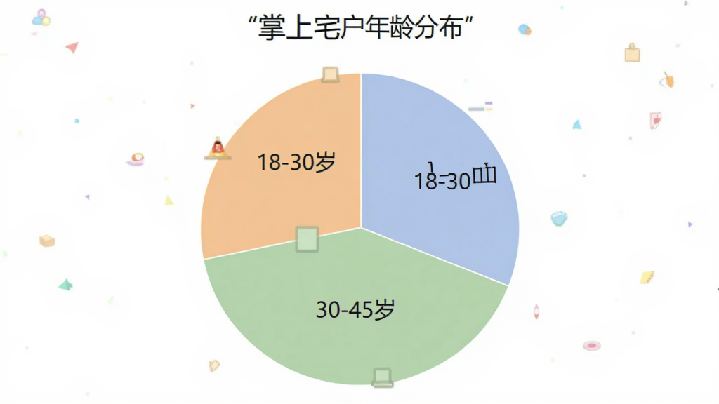 饼状图展示“掌上宅”用户年龄分布,画面主体是一个彩色饼图,分为三个扇区分别标注18-30岁、30-45岁、45岁以上,布局居中,排版简洁,风格数据可视化,细节上扇区颜色柔和区分明显,画质清晰干净无多余元素