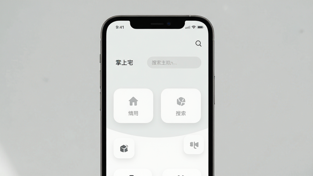 手机屏幕展示“掌上宅”的清爽主界面,画面主体是纯色背景上的功能按钮和搜索框,布局极简,排版留白充足,风格性冷淡风,细节上没有任何广告横幅,画质锐利干净无多余元素