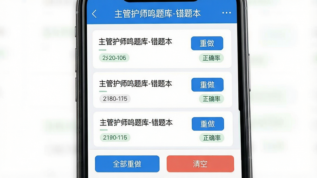 一张手机屏幕展示主管护师鸣题库APP的错题本页面,顶部显示“主管护师鸣题库-错题本”字样,中间列表展示多道错题记录,每道题旁边有“重做”按钮和正确率标签,底部有“全部重做”和“清空”按钮,整体蓝白配色,布局清晰,扁平化风格,画质干净无多余元素。