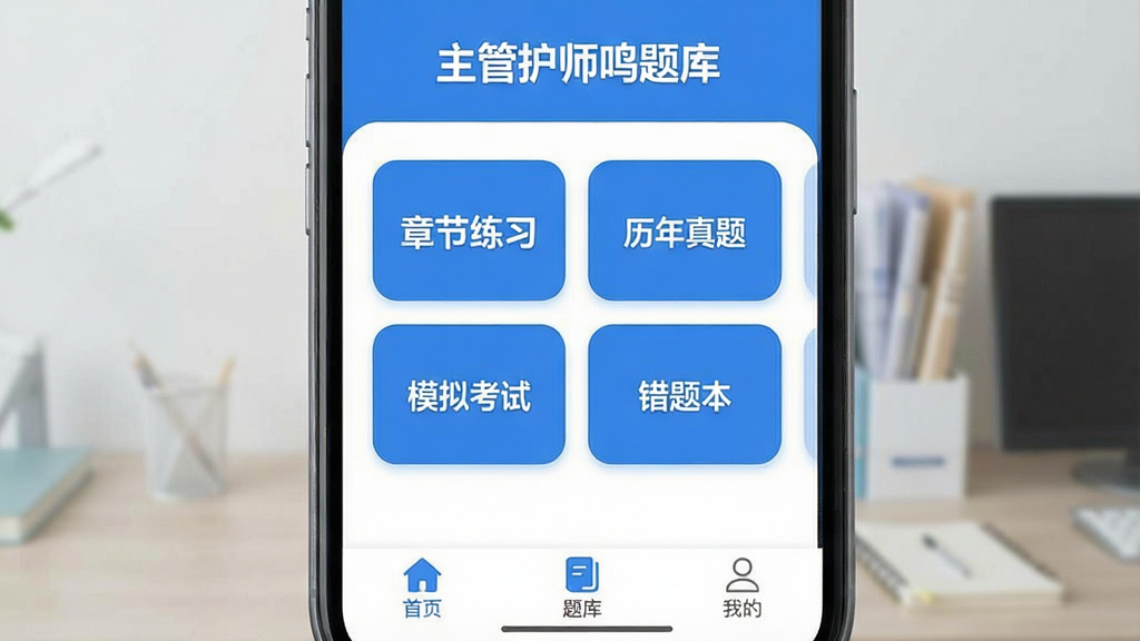 一张手机屏幕展示主管护师鸣题库APP的主界面,界面顶部显示“主管护师鸣题库”字样,中间是章节练习、历年真题、模拟考试、错题本四个大按钮卡片,底部导航栏有首页、题库、我的三个图标。整体采用蓝白配色,风格干净清爽,扁平化设计,UI圆角柔和,画质高清无多余元素。