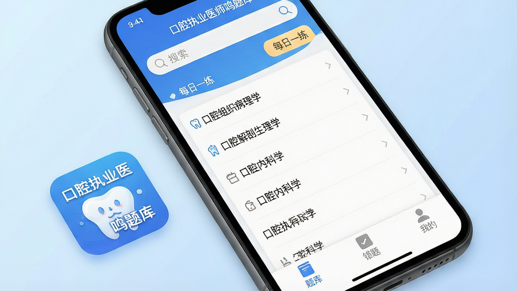 一张手机屏幕特写,画面中央显示“口腔执业医师鸣题库”App主界面,界面顶部是搜索框和每日一练入口,中间是口腔执业医师考试各科目章节列表,包括口腔组织病理学、口腔解剖生理学、口腔内科学等,底部导航栏有题库、错题、我的三个选项,整体布局干净清爽,App图标放在手机旁边作为点缀,背景是淡蓝色渐变,风格现代简约,画质清晰,无多余元素