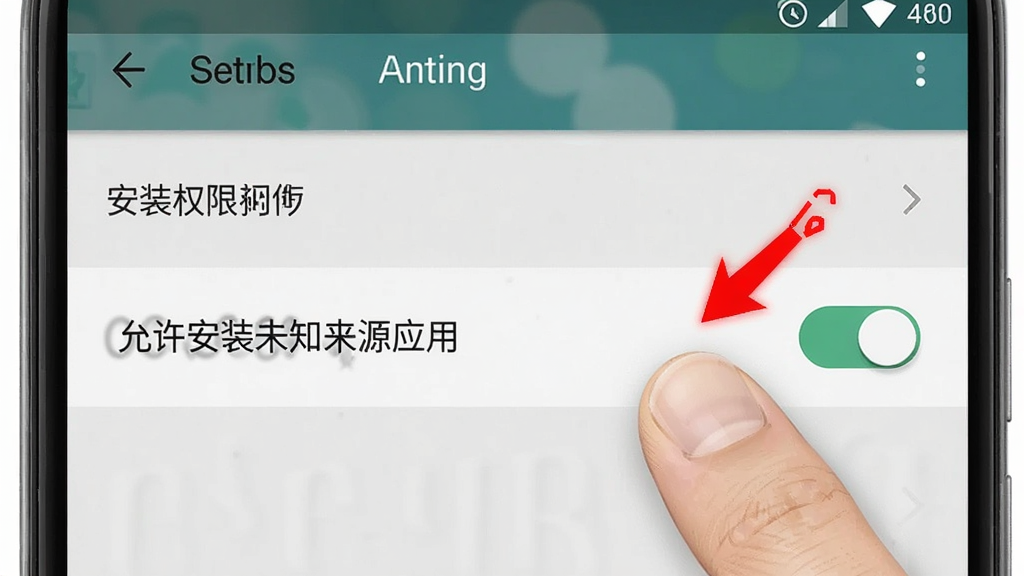 一张手机设置界面的示意图,画面中手指正在点击“允许安装未知来源应用”的开关按钮,旁边有红色箭头标注提示,背景是安卓系统设置页面,界面简洁,文字清晰,风格写实,画质干净,用于说明安装权限设置步骤