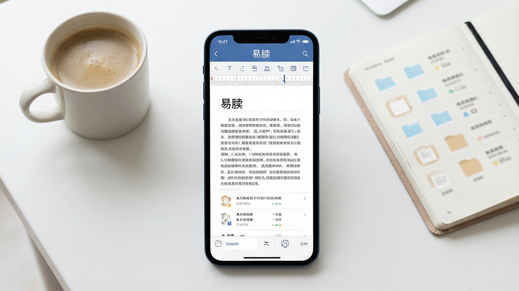 手机屏幕中央显示“易牍”应用主界面,背景是简洁的浅色书桌,桌面上放着一杯咖啡和一本笔记本,手机屏幕内展示清晰的文档编辑界面与文件列表,整体风格清新明亮,细节干净,画质清晰无多余元素