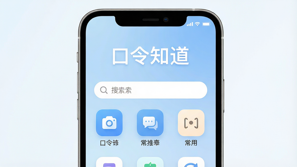 一张手机屏幕截图,画面中央显示“口令知道”应用的主界面,顶部有“口令知道”四个大字,中间是一个搜索框和几个常用口令分类图标,背景是柔和的浅蓝色渐变,风格简洁现代,画质干净,无多余元素,手机界面清晰,图标圆润,文字标注明确,整体给人一种清爽实用的感觉。