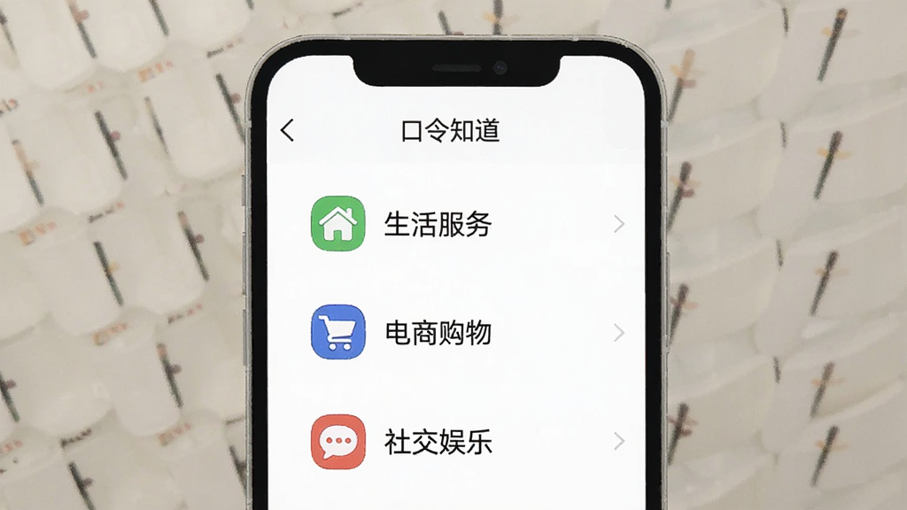 一张手机屏幕的示意图,展示“口令知道”应用内的分类整理界面,画面中可以看到“生活服务”、“电商购物”、“社交娱乐”等分类标签,每个标签旁边有对应的图标,界面布局清晰,文字为中文,背景为白色,风格扁平化,画质干净,无多余元素,突出分类整理的便捷性。