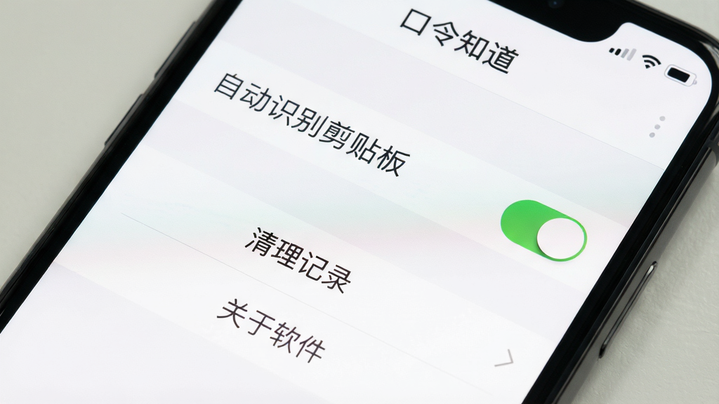 一张手机屏幕特写图,展示“口令知道”应用内的设置界面,画面中可以看到“自动识别剪贴板”开关处于开启状态,下方有“清理记录”和“关于软件”选项,界面背景为白色,文字为深灰色,风格极简,画质干净,无多余元素,突出设置项的清晰布局。