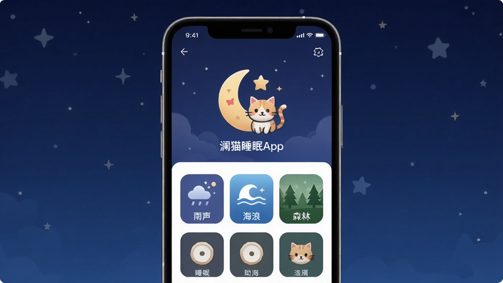 һ��չʾ��è˯��App���Ľ����ͼƬ������������һ���ֻ����ֻ���Ļ����ʾ��è˯�ߵ���ҳ����������è���ͼ�꣬�·����������������ˡ�ɭ�ֵȶ���������Чѡ�����������ɫ�ǿգ���������ܰ��ͣ����ʸɾ��������޶���Ԫ��