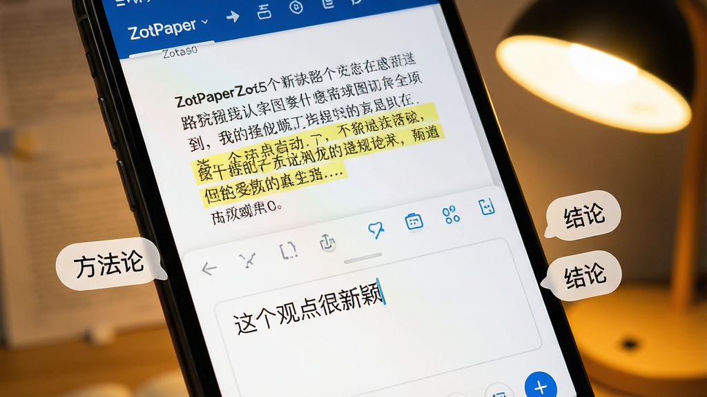 AI��ͼ������չʾZotPaper�ıʼǽ��棬�ֻ���Ļ��д����Ļ�ϰ벿���Ǵ򿪵�����PDF������һ�����ֱ���ɫ�������°벿���ǵ����ıʼ�������������д�š�����۵����ӱ������Ļ�Ա�Ʈ�ż�����ǩ���ݣ�д�š������ۡ��������ۡ�����������ů��̨�ƹ��ߣ������ܰ��ϸ�����������ʸɾ����޶���Ԫ�ء�