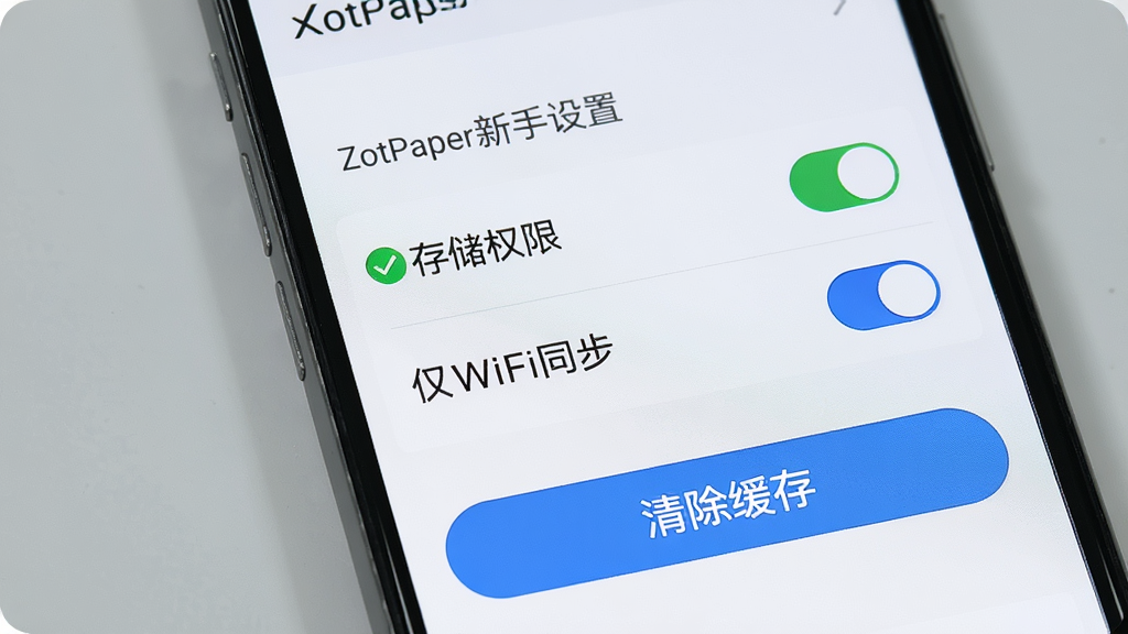 AI��ͼ������չʾZotPaper���������ý��棬�ֻ���Ļ��д����Ļ��ʾ��Ȩ�޹����б������С��洢Ȩ�ޡ���һ����ɫ�Թ����Ϊ�ѿ���������WiFiͬ����ѡ���Ա���һ����ɫ�Ŀ��ذ�ť�ʴ�״̬����Ļ�·���һ����Ŀ�ġ�������桱��ť�������Ǽ��Ļ�ɫ��������������ʸɾ����޶���Ԫ�ء�