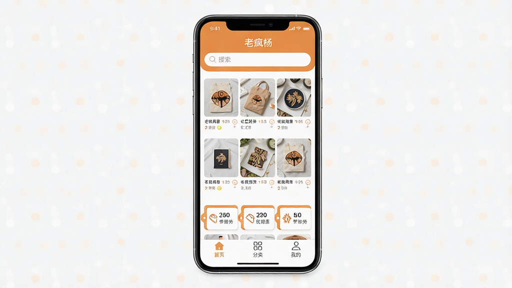 һ���ֻ�Ӧ�ý���չʾͼ�����������ǡ��Ϸ��APP����ҳ������Ϊ�������������м�����Ʒ�ٲ������Ż�ȯ��ǩ���ײ�����������ҳ�����ࡢ�ҵ�����ͼ�꣬����ɫ��Ϊů��ɫ�Ͱ�ɫ���䣬��������죬ϸ�����������ʸɾ��޶���Ԫ��