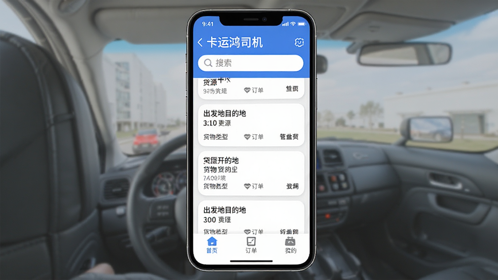 一张手机屏幕展示卡运鸿司机端应用界面的图片,画面中央是卡运鸿司机端App的主页,顶部显示货源列表和搜索栏,中间是几条货源卡片信息包含出发地目的地和货物类型,底部是首页、订单、我的三个导航按钮,整体配色以蓝色和白色为主,风格简洁现代,图标圆润清晰,画质干净无多余元素