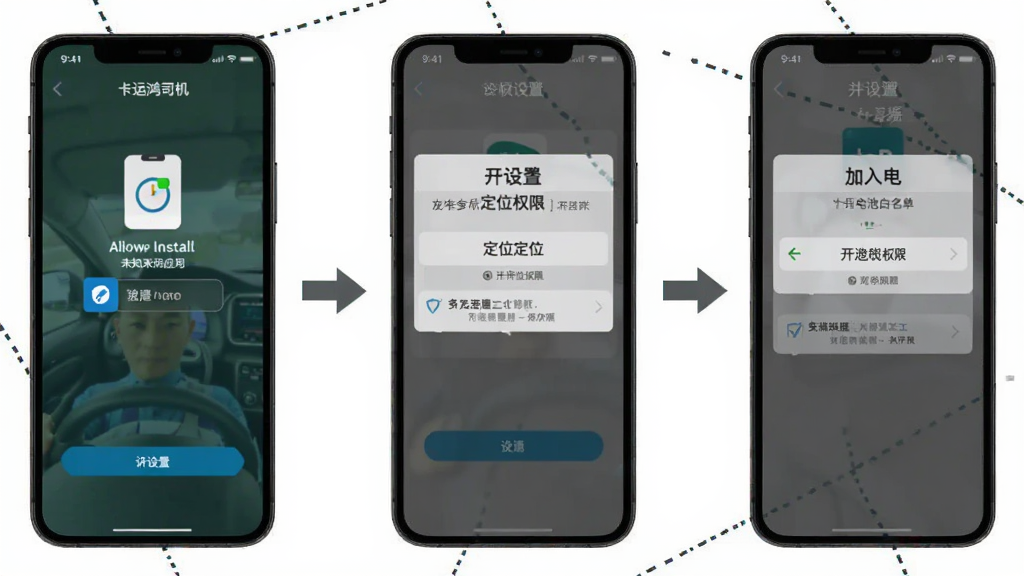 一张展示卡运鸿司机端在手机上安装和设置权限的步骤示意图,画面中手机屏幕依次显示允许安装未知来源应用、开启定位权限、加入电池白名单三个设置页面,每个页面用箭头连接,风格清晰直观,画质干净无多余元素