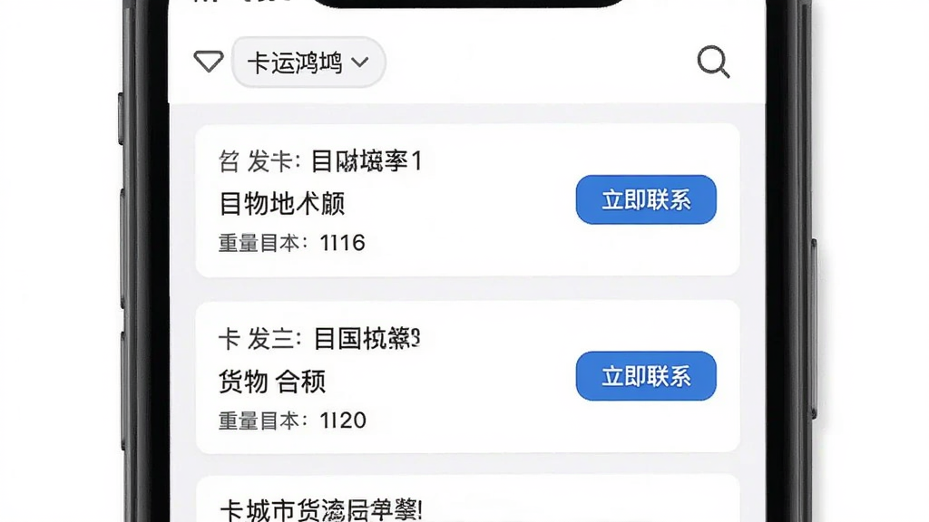 一张展示卡运鸿司机端货源列表页面的图片,画面中手机屏幕显示多个货源卡片排列,每个卡片上标注了出发城市目的地城市货物名称和重量信息,卡片右侧有立即联系按钮,页面顶部有筛选和搜索图标,整体布局清晰信息层级分明,风格简洁实用,画质干净无多余元素