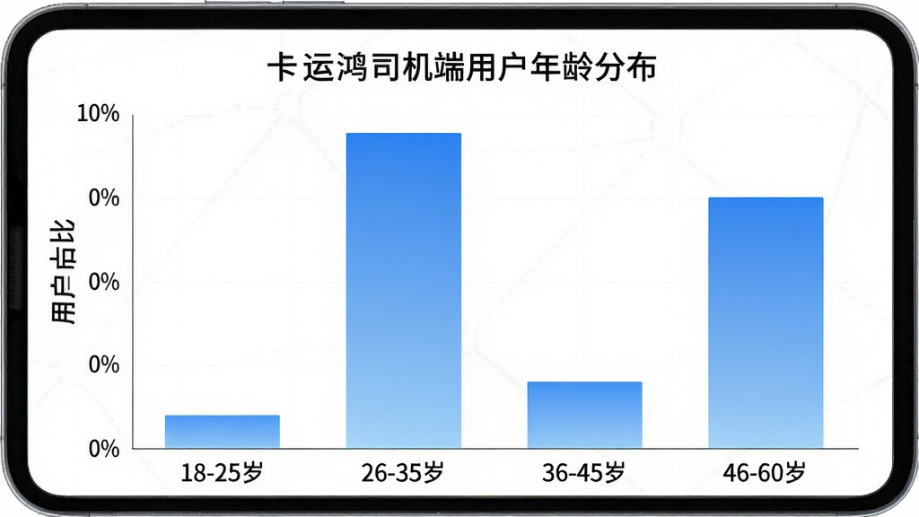 一张展示卡运鸿司机端用户年龄分布的柱状图图片,横轴标注18-25岁26-35岁36-45岁46-60岁四个年龄段,纵轴标注用户占比百分比,柱状图显示36-45岁占比最高约百分之四十,46-60岁占比约百分之三十,26-35岁占比约百分之二十,18-25岁占比约百分之十,配色使用蓝色渐变,风格简洁数据清晰,画质干净无多余元素