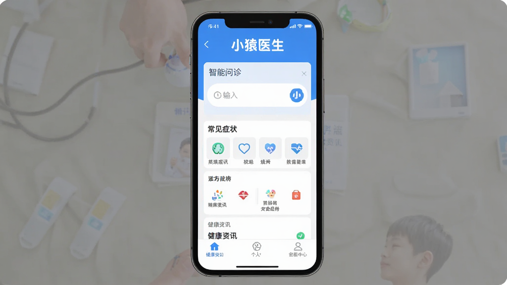 СԳҽ��App������ȫòչʾ���ֻ���Ļ���У�������ʾ��СԳҽ�������ֱ�ʶ���м�����Ϊ�������������ͳ���֢״�����ڣ��ײ�Ϊ������Ѷ���������ĵȵ��������������������ɫ������Լ�ɾ����޹�浯���������������޶���Ԫ��