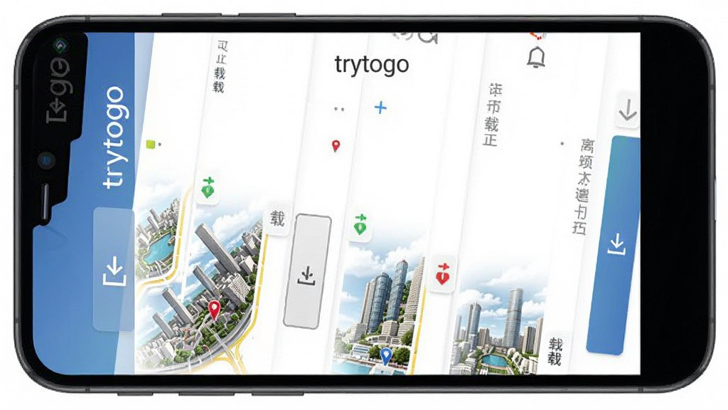 trytogo离线地图下载界面展示,主体为手机屏幕中显示城市列表和下载按钮,布局纵向排列,排版规整,风格清爽,细节上每个城市旁边有已下载或未下载状态标识,画质干净无多余元素,文字标注“trytogo”
