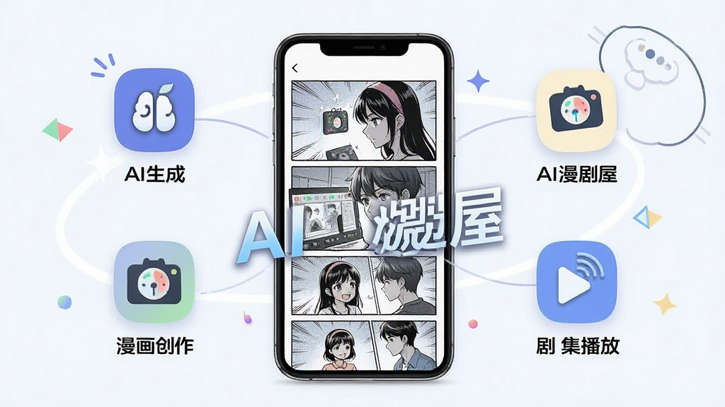 一张展示AI漫剧屋核心功能的宣传图,画面中央是手机屏幕显示着漫画风格的分镜画面,周围环绕着AI生成、漫画创作、剧集播放等图标元素,整体布局简洁明了,风格清新现代,细节上突出“AI漫剧屋”文字标识,画质干净清晰,无多余元素