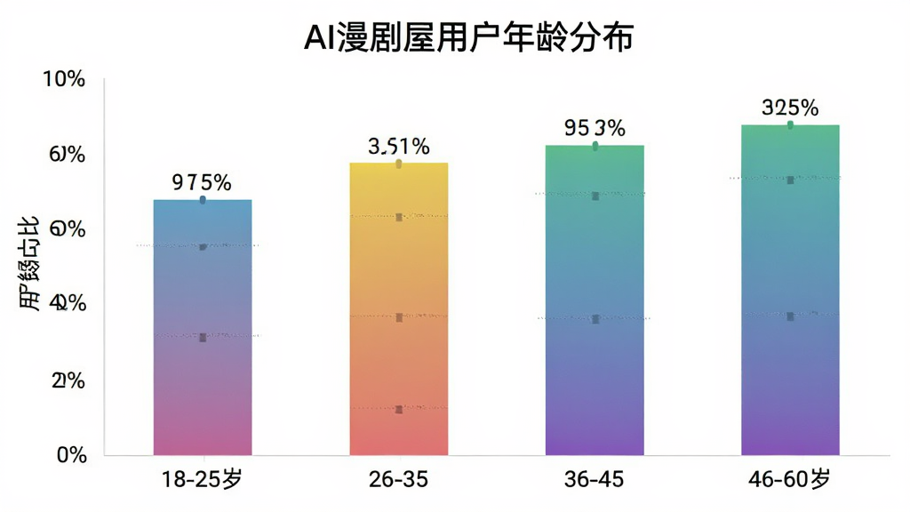 一张展示AI漫剧屋用户年龄分布的柱状图,横轴为年龄段18-25岁、26-35岁、36-45岁、46-60岁,纵轴为用户占比百分比,柱状颜色采用渐变色系,布局清晰明了,风格现代简约,细节上标注各年龄段占比数值,画质干净无多余元素