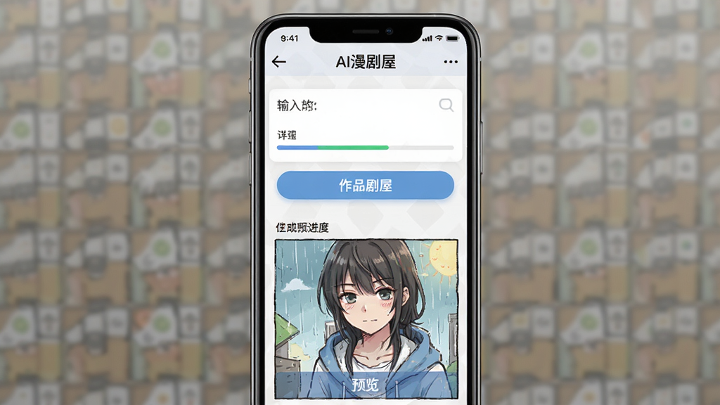 一张展示AI漫剧屋移动端操作界面的示意图,画面主体是手机屏幕显示漫画生成进度和操作按钮,布局采用上下结构,上方是输入区域下方是作品预览,风格简洁直观,细节上体现“AI漫剧屋”界面文字和进度条,画质清晰干净无多余元素